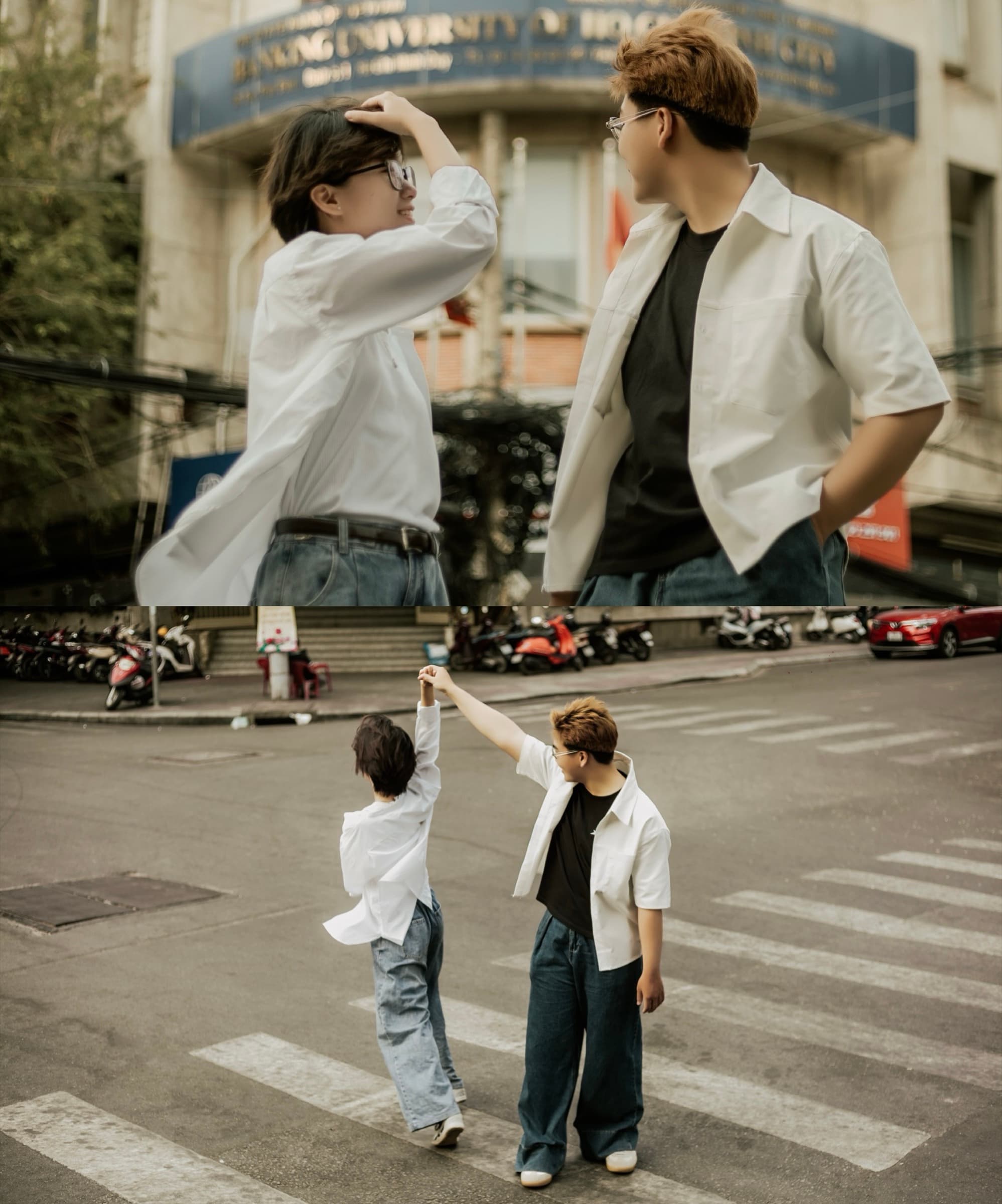 A couple laughing and dancing on a Ho Chi Minh City street