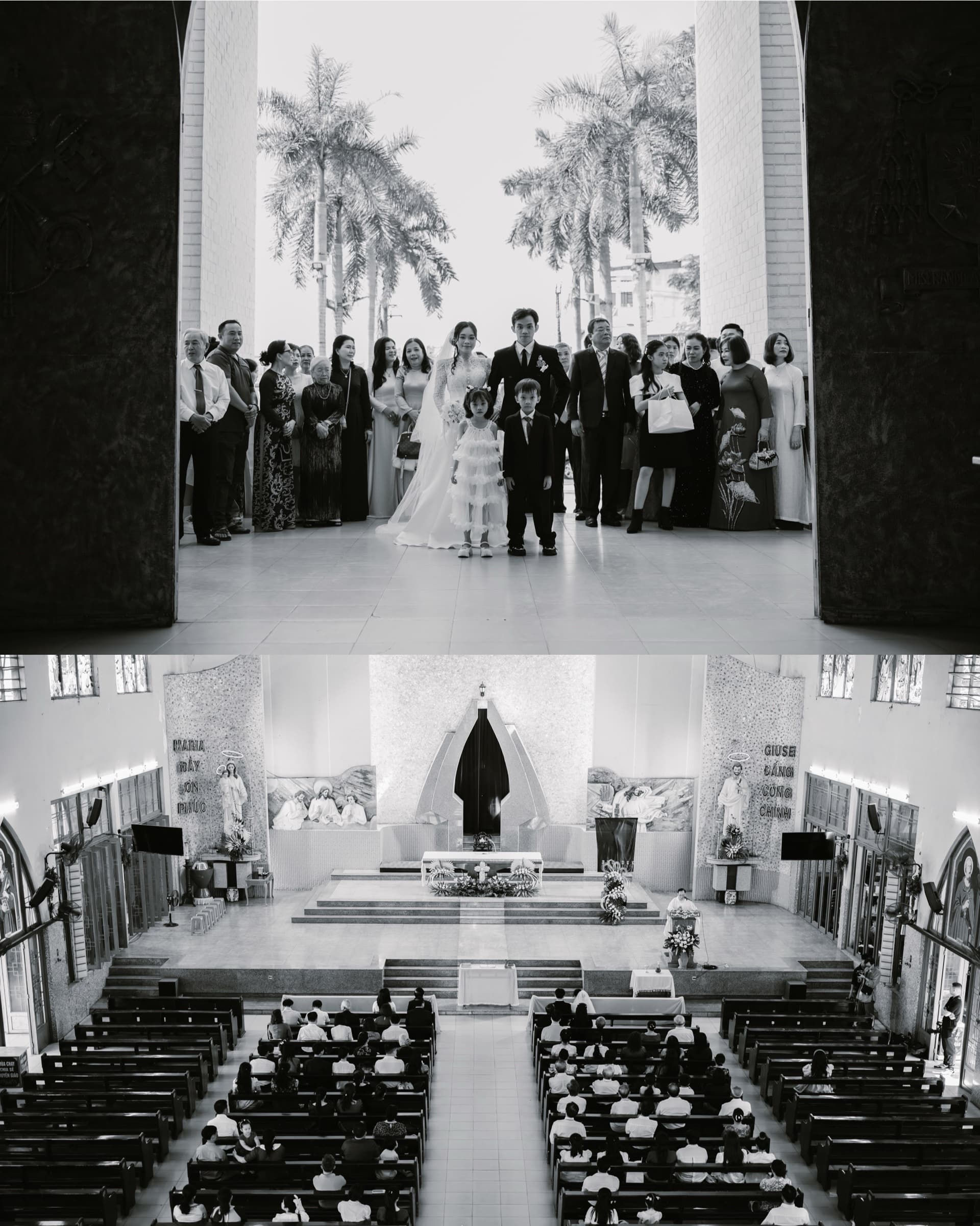 A wedding party gathered at the entrance of a church