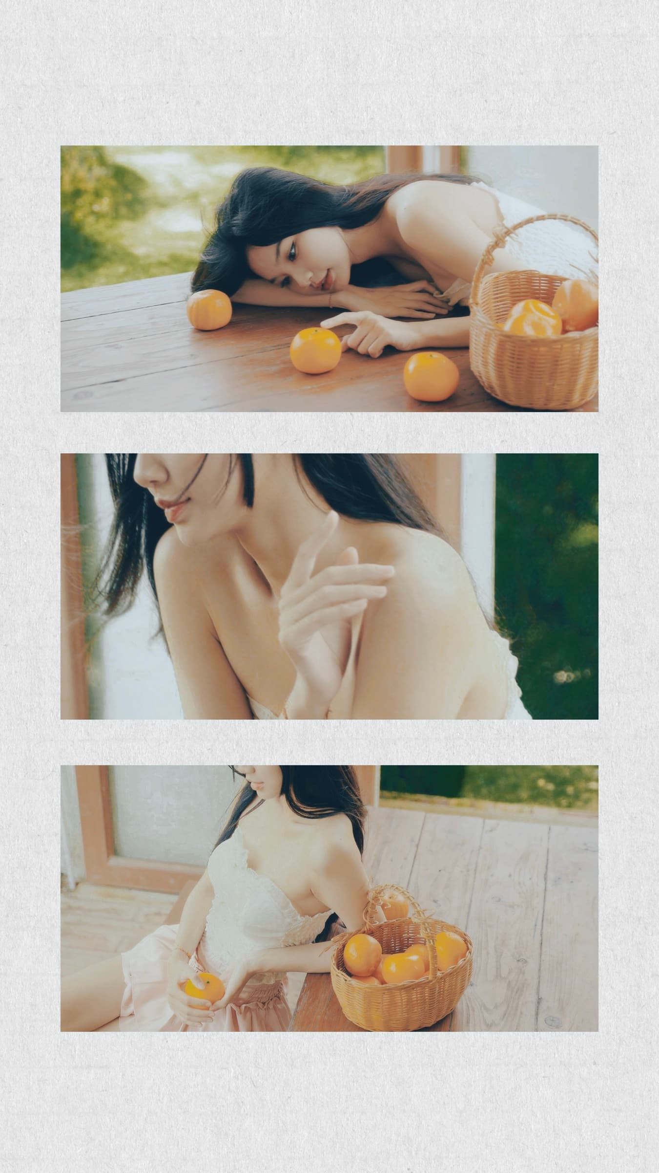 Soft portrait study with a woman and a basket of oranges